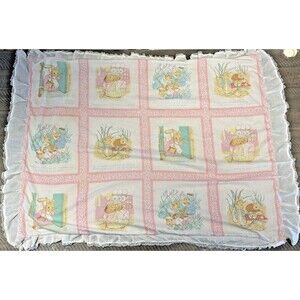 Vtg Peter Rabbit Baby Crib Blanket FREDERICK WARNE quilt pink COTTON panel B Pot